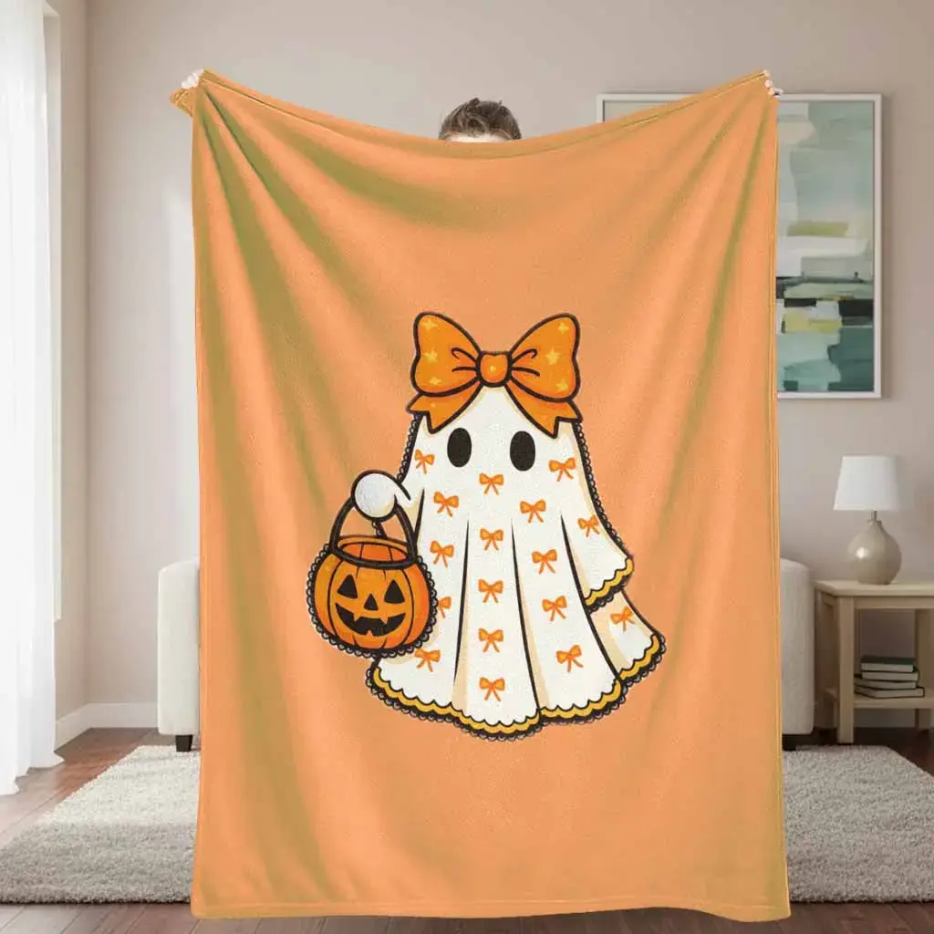 Halloween Ghost Flannel Blanket, Pumpkin Orange Bow Print Cozy Throw Blanket, Spooky Fall Home Decor Gift for Sofa Bedroom Living Room