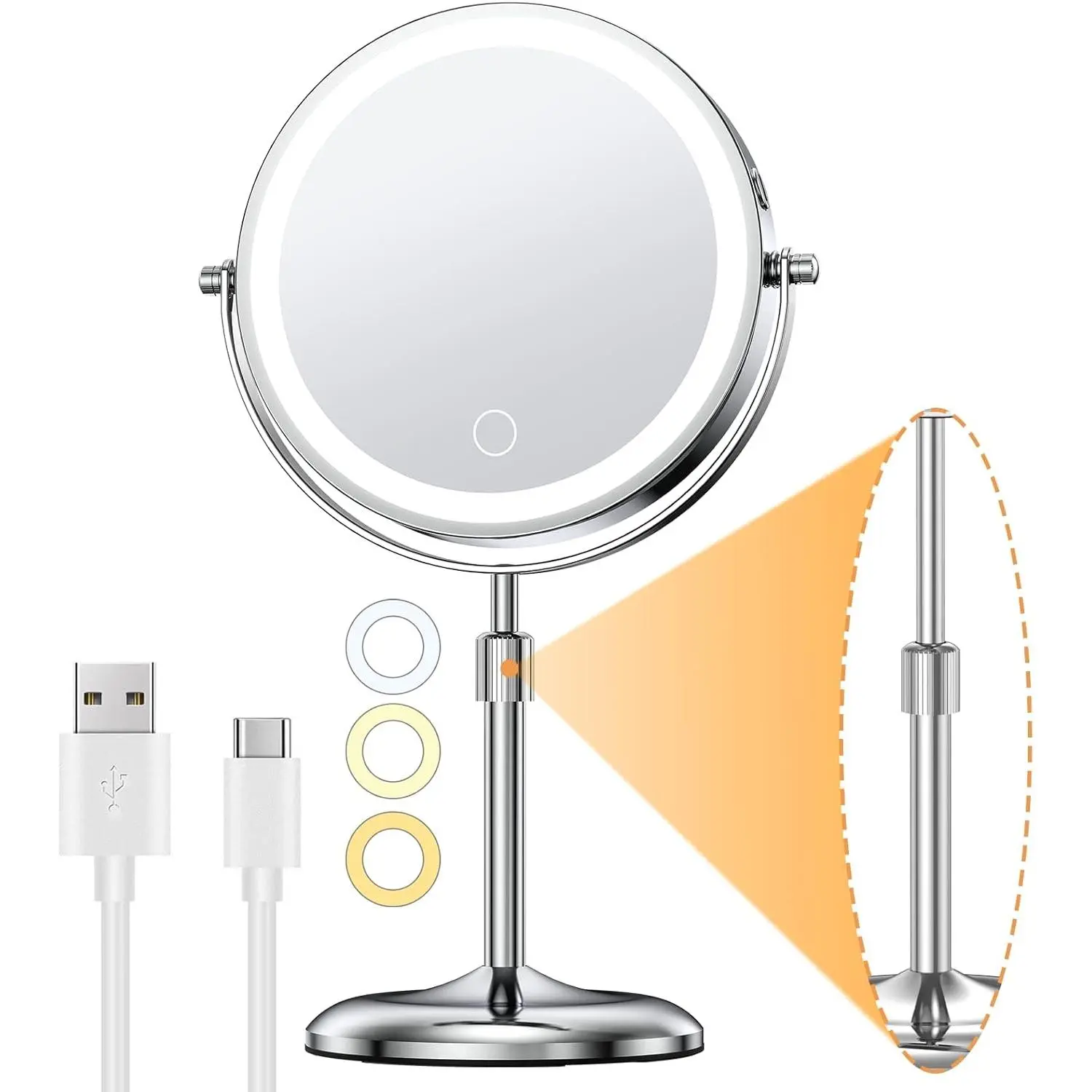 7" Lighted Makeup Mirror with Magnification 10X/1X  Height Adjustable &amp; 3 Color Dimmable Lights 360° Swivel Double Sided Light up Rechargeable LED Cosmetic Vanity Cordless Standing