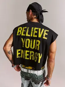 Men's Cropped Sleeveless T-Shirt, Vintage "Believe Your Energy" Distressed Graphic Muscle Tank Top, Loose Fit Oversized Armholes Breathable Streetwear Vest Menswear for Gym Workout Hip Hop Summer Festival Casual OOTD Y2K Grunge Aesthetic