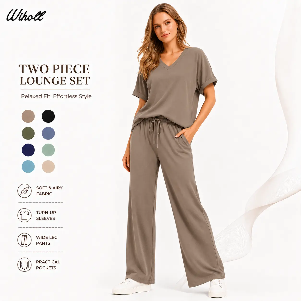 WIHOLL Women's 2 Piece Casual Lounge Set, Oversized V-Neck Top with Turn-Up Sleeves and Soft Wide Leg Pants, Summer Vacation Outfit, Women's Clothes