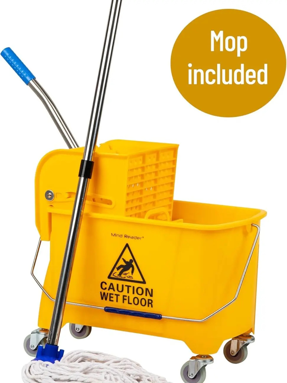 Mind Reader Mop and Bucket Set with Wringer, Mop Included, 5.5 Gallon Cleaning System with Wheels, Upward Press Wringer, Small Mop Compatible