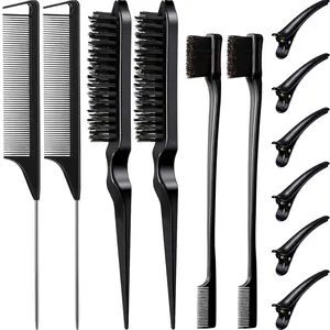 12-Piece Hair Brush Set Includes 3 Row Salon Teasing Brushes Double Sided Hair Edge Brush Rat Tail Combs Duckbill Clips for Women Girls Pink Purple