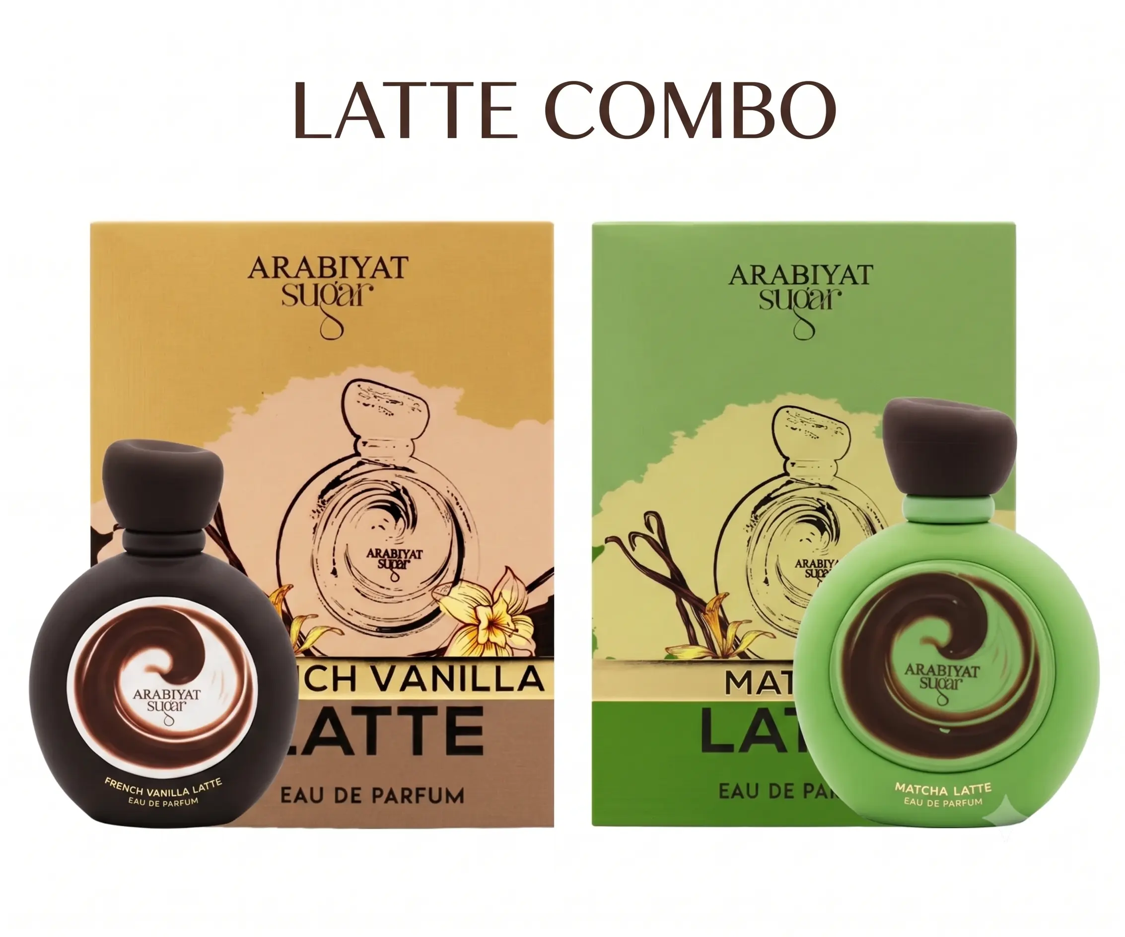 Arabiyat Sugar Latte Combo EDP - French Vanilla & Matcha Latte Scents, Citrus, Coconut, Amber Cocoa, Smooth Vanilla Unisex Floral Fragrance, Warm, Contains Neither Alcohol, Confidence-Boosting, 3.4fl.oz Bottle, Single Item for Adults, Smooth Vanilla Unise