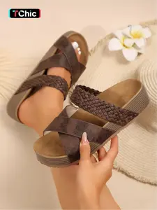 A pair of new large-size women's cross-woven thick-soled slip-on PU Leather sandals for outdoor wear, stylish, simple, comfortable, versatile for everyday casual fashion, Braided Sandals