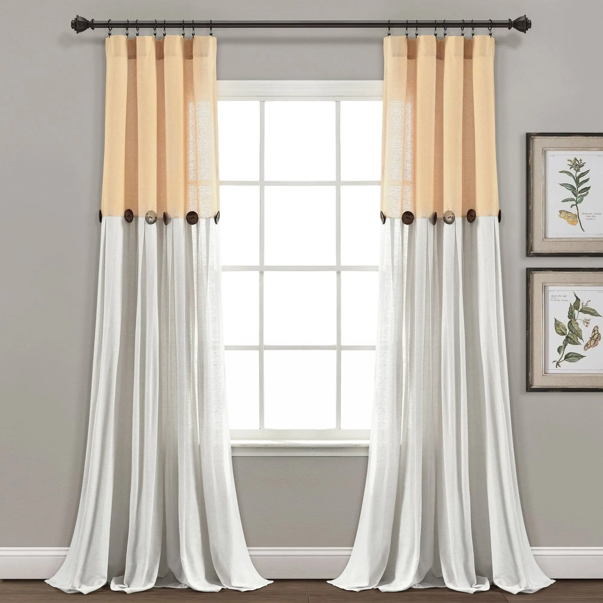 Lush Decor Faux Linen Button Window Curtain Panel Single 40"W x 45''—120"L or 100"W x 84"L Plain Farmhouse Chic Home Decor with Pleats & Buttons