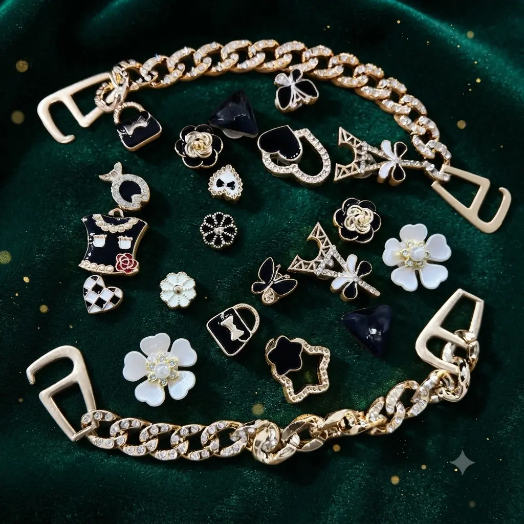 Luxury Bling Shoe Charms Set for Clogs – Black & White Pearl Flower, Butterfly, Heart & Handbag Charms with Sparkly Gold Chain Accessories. Cute DIY Clog Charms for Women & Girls, Stylish Shoe Decorations for Croc-Style Shoes, Perfect for Everyday Wear.
