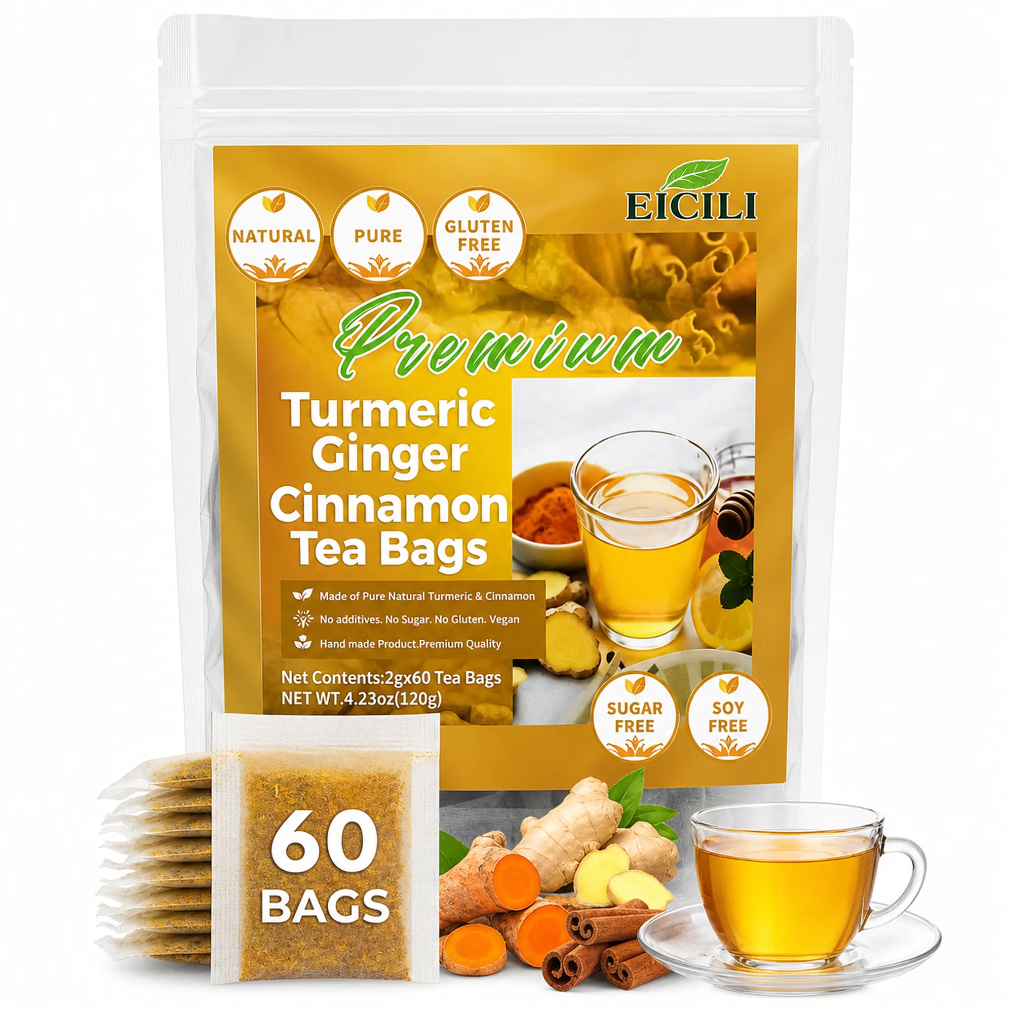 Ginger Turmeric Herbal Tea Bags - Caffeine-Free, Sugar-Free, Earthy Spice Blend, Natural Daily Wellness Drink for Morning Routine, 60 Count