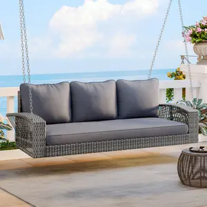 GO 69" PE Wicker 3-Person Porch Swing with Chains, Large Patio Swing Bench with Cushions for Backyard, Garden, and Poolside, Gray69"