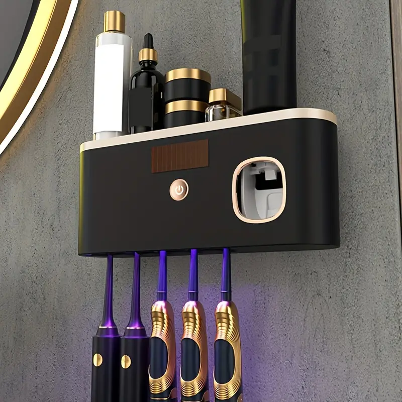 Smart UV Toothbrush Holder with Toothpaste Dispenser, Wall-Mounted Design, 5 Slot Organizer, USB Rechargeable, Long Battery Life, Sanitizing Feature, Bathroom Accessory, Toothbrush Holders Wall Mounted