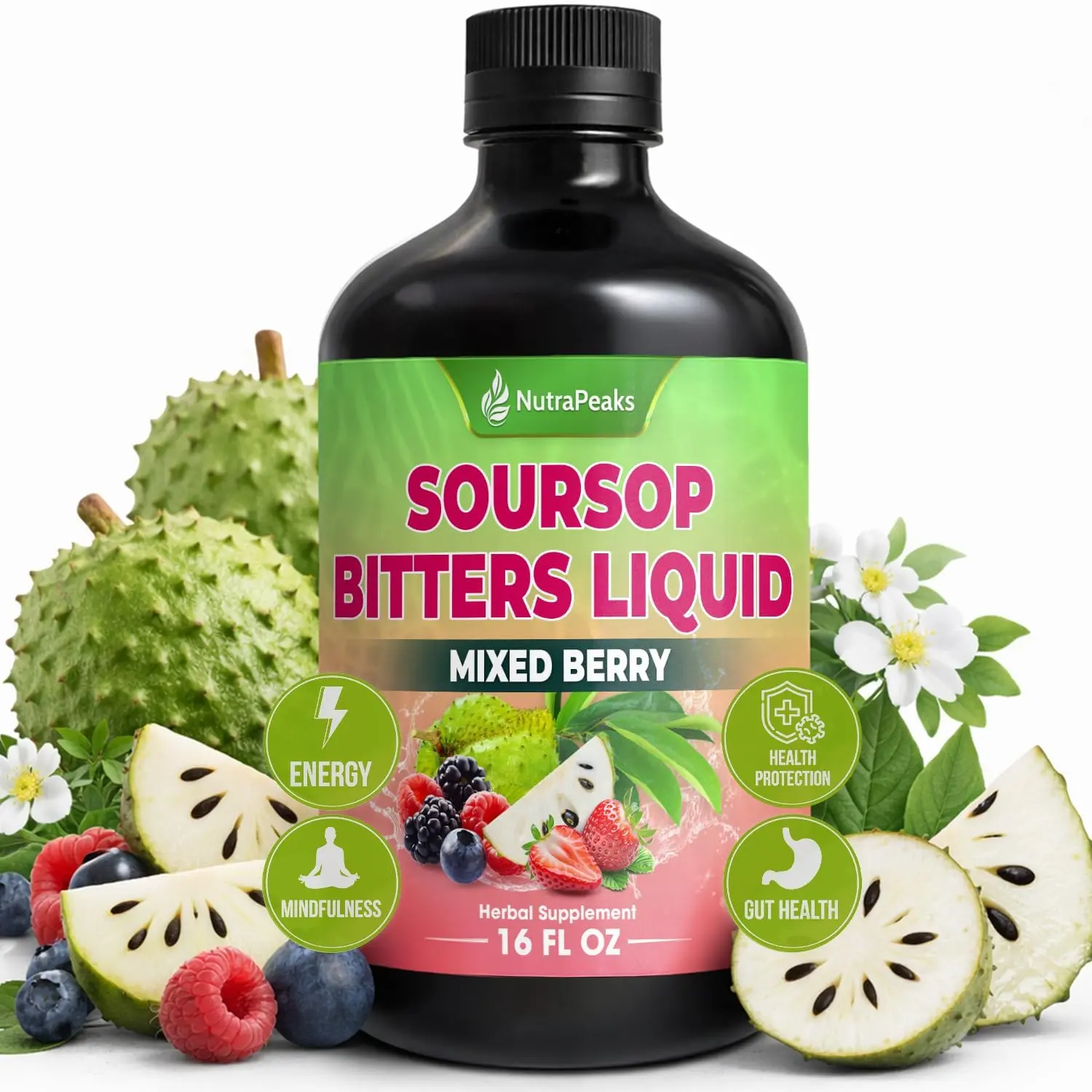 NEW 2026 ! Soursop Bitters Liquid – Herbal Detox Formula with Soursop, Ginger, Turmeric & Black Seed Mixed Berry Flavor – Supports Digestive Balance & Immune Wellness – 16 fl oz