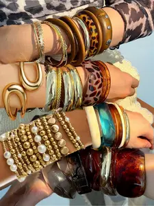 Vintage Fashion Elegant Metal Multicolor Acrylic Resin Bracelet, Geometric Pattern Irregular Design, Blue Leopard Print Stackable Bracelet, Trendy Stack Bangle