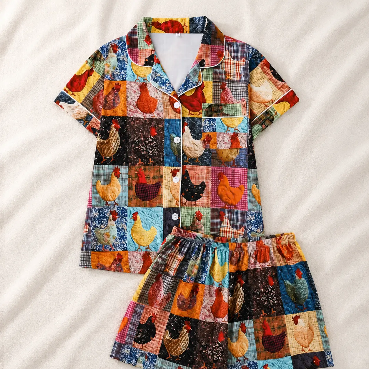 Women's 2-Piece All Over Chicken Print Pajama Set - Short Sleeve Button Front Lightweight Knit Top, Shorts with Pocket Detail, Comfortable Machine Wash Sleepwear Loungewear