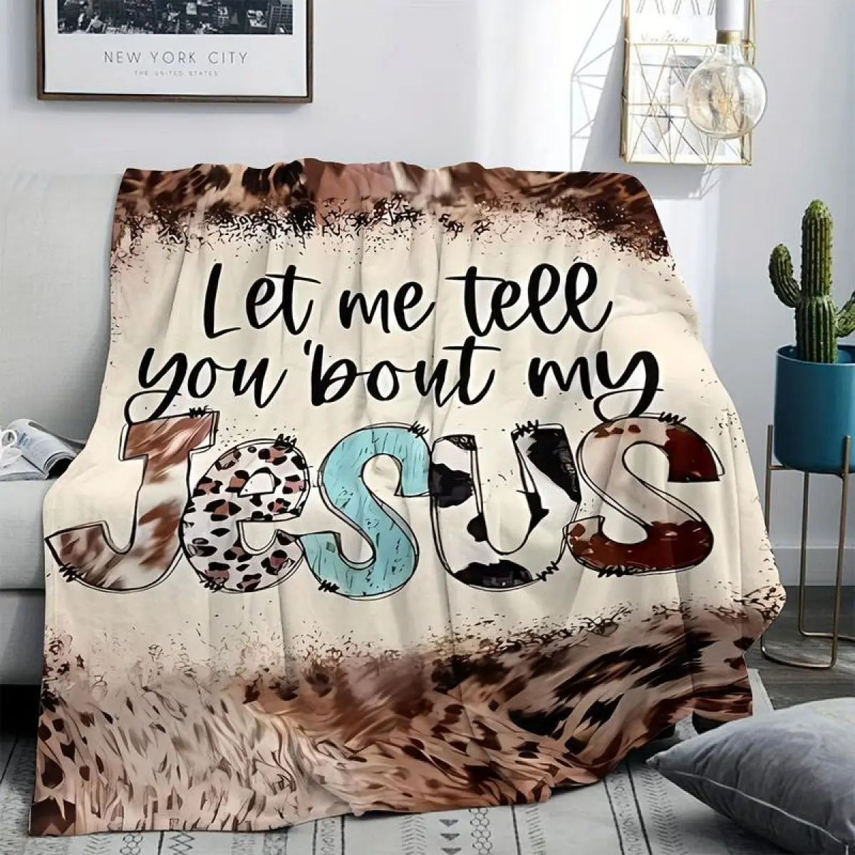 Vintage Inspirational Let me tell you bout my Jesus Print Throw Blanket - All-Season, Multipurpose Office Shawl, Bed, Car Sofa, and Travel Blanket Gift for Men Women Adults, Cartoon Pattern Blanket, Contemporary Style