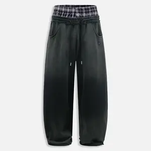 Aelfric Eden Double Waist Washed Baggy Sweatpants Loose Wide Leg Plaid Patchwork Casual Pants with Pockets