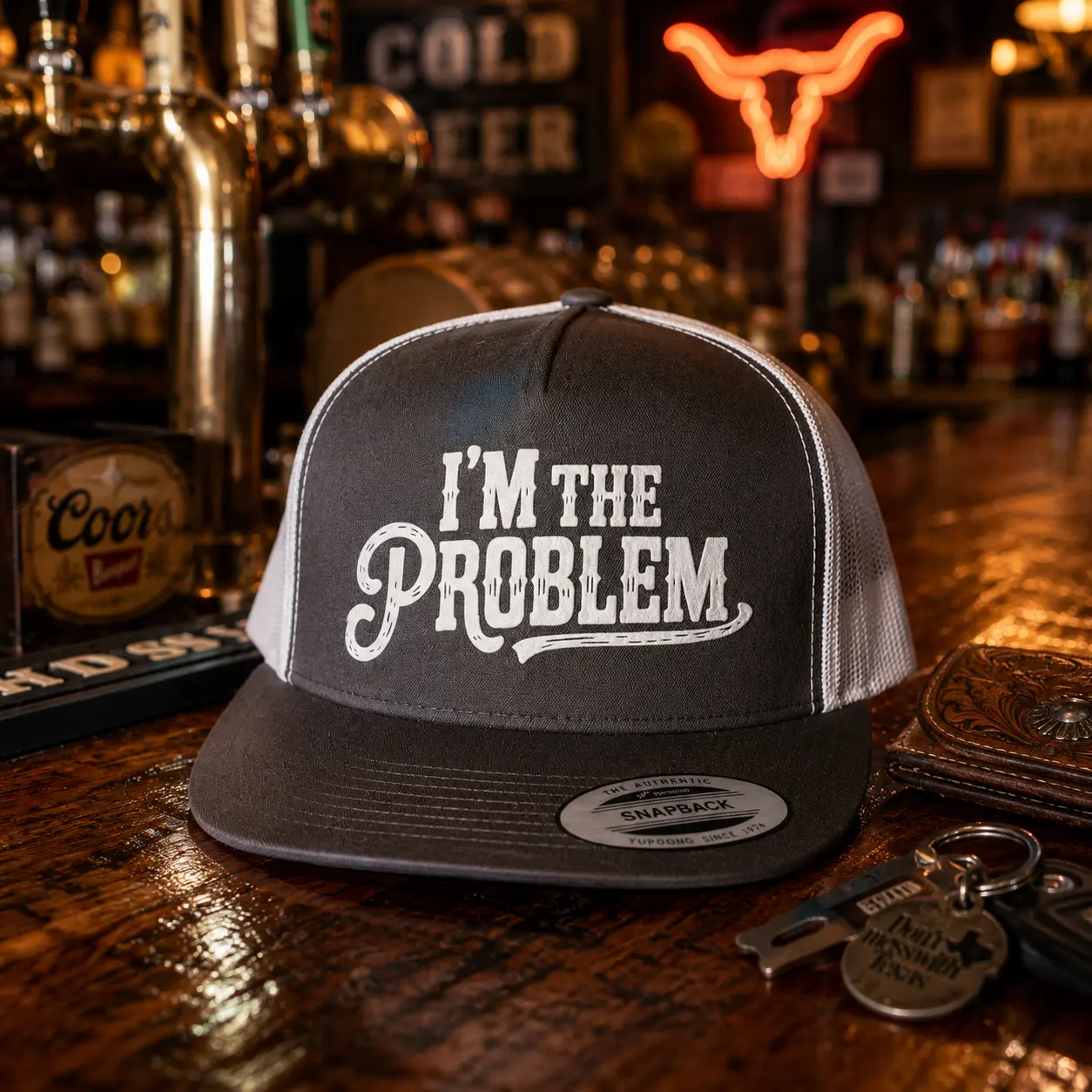 Unisex Retro Vintage Distressed "I Am The Problem" Text Western Bold Humor Premium 56-58cm Adjustable Snap Mesh Back Trucker Hat - Caps with Designs, Bachelor Parties, Backyard BBQ Accessory