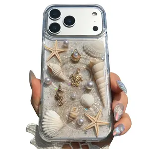 Handmade Phone Case Beach Sea Wave Natural Shell Starfish Conch Decor for iPhone 17 Pro Max 16 Plus 15 Pro 14 13 12 11 Pro Max Soft Fashion Cover