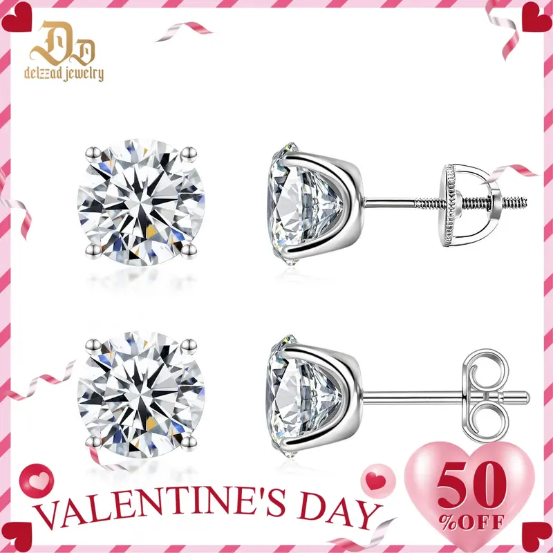 Delzzad 14k Gold-Plated Solitaire Four Prong Earrings Screw Back/Butterfly Back Lab-Created Moissanite Stud Earring S925 Sterling Silver Moissanite Jewelry Perfect Birthday Mother’s Day Christmas Gift for Men Women Wedding Set