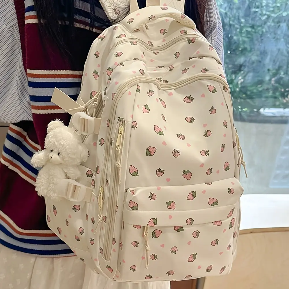 Fashion printed rose ladies backpack, multi-compartment and pockets, thick and sturdy student backpack, with teddy bear pendant decoration, large capacity