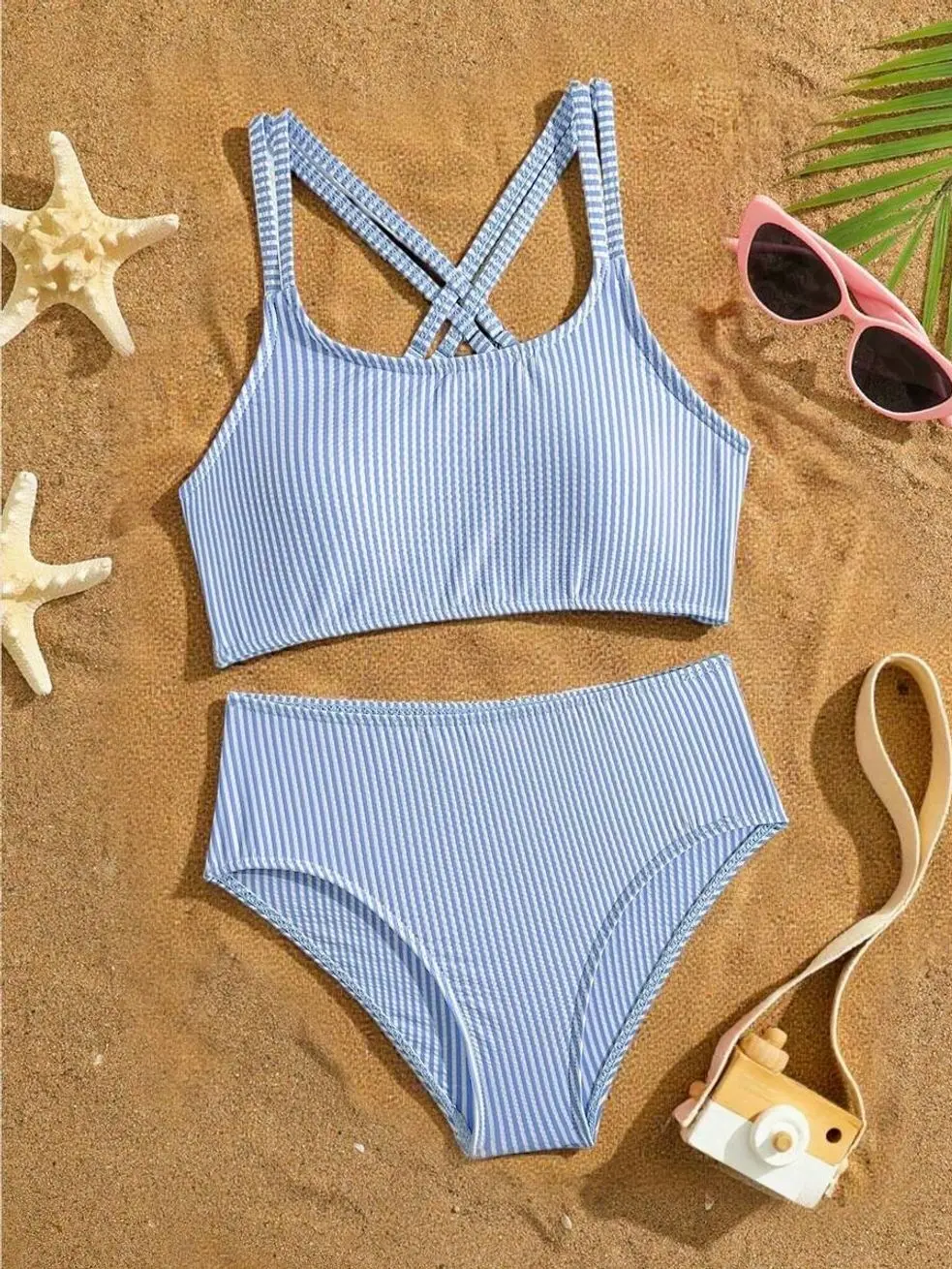 Tween Mint Green Ribbed Bikini Set - Crisscross Straps, Summer Beach Holiday