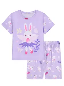 Girl's Cartoon Rabbit Print Crew Neck Tee & Elastic Waist Shorts Pajama Two-piece Set, Casual Comfy Round Neck Short Sleeve T-shirt & Shorts Pj Set, Soft Casual Pajamas, Pastel Cute Pajamas