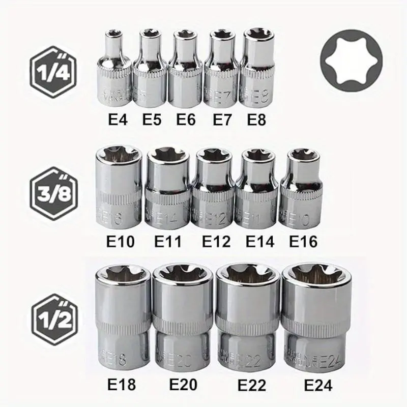 14pcs Female E-Torx Star Socket Set With Case, 1/4", 3/8", 1/2" Drive External Star Socket Set, Drive Sockets, Torque Socket Set Includes E4-E24 Sizes Nice Gifts