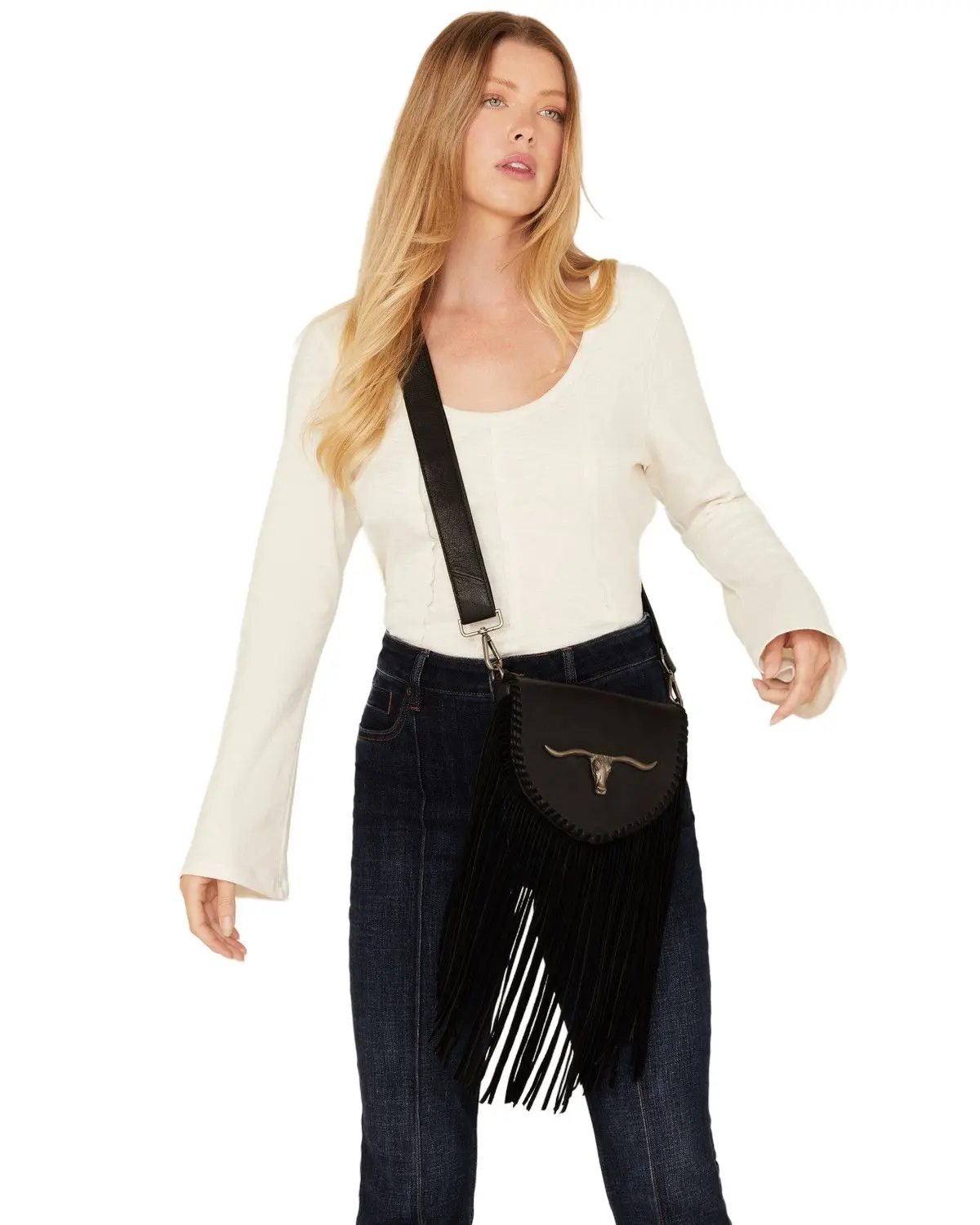Idyllwind Women's Women'S Esperanza Longhorn Leather Fringe Crossbody Bag - Iwafa24hb2-Blk