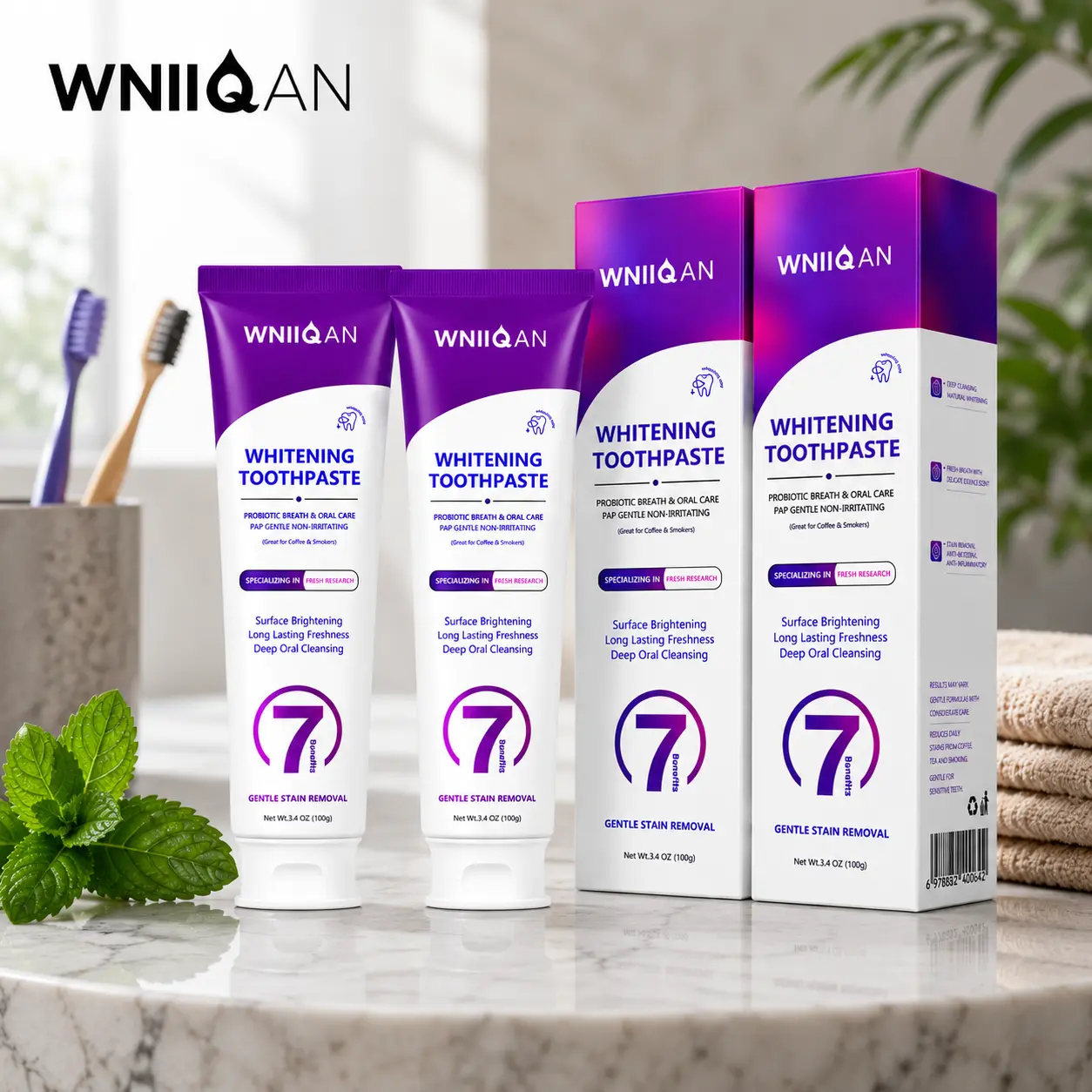 2-Pack WNIIQAN Whitening Toothpaste, Probiotic Breath & Oral Care, Gentle Stain Care, Deep Oral Cleaning, Long-Lasting Freshness, Daily Toothpaste for Fresh Breath, 3.4 oz / 100g Each