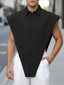 INCERUN Men's Fashion Solid Color Inverted Triangle Sleeveless Lapel Plain Shirt, Casual Stylish Design, Perfect for Daily Wear