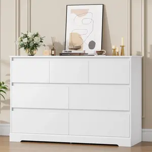 7 Drawer Double Dresser, 47.2"W Contemporary Wood Chest of Drawer Storage Cabinet for Bedroom Living Room, White