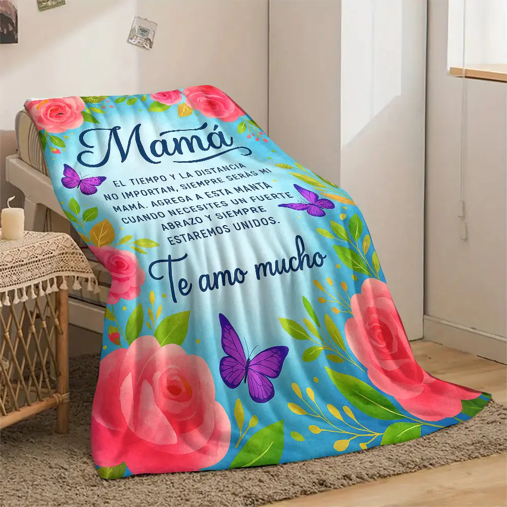 1pc Mama Flannel Throw Blanket - 280GSM, Spanish Love Message, Floral Design (Turquoise-Blue, Pink Roses, Green Leaves), Cozy Aesthetic, Fluffy Themed Cute Pink and Blue Blankets, Wrinkle Resistant, All-Season Comfort, Mother's Day-Christmas Gift for Mom,