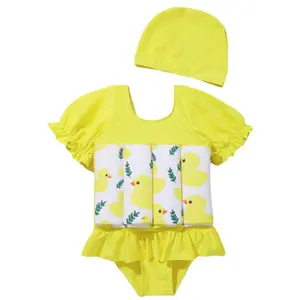 Infant And Toddler Children Floating Swimsuit Full Set, Detachable And Adjustable Buoyancy Floating Swimsuit, Suitable For Children To Learn To Swim, Summer Skirt Short-Sleeved Full Set Of Buoyancy Suits, Suitable For Girls Swimsuits With Hats