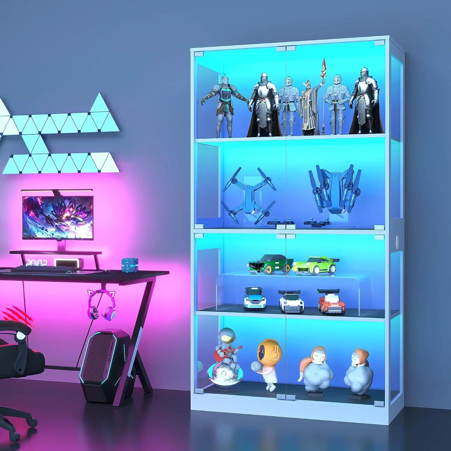 Modern Glass Display Cabinet with 4 Tiers, Glass Doors, LED Lighting, Charging Ports, Motion Detector – Curio Storage Shelf for Collectibles, Toys, Books – Contemporary Furniture for Dining Room, Black or White