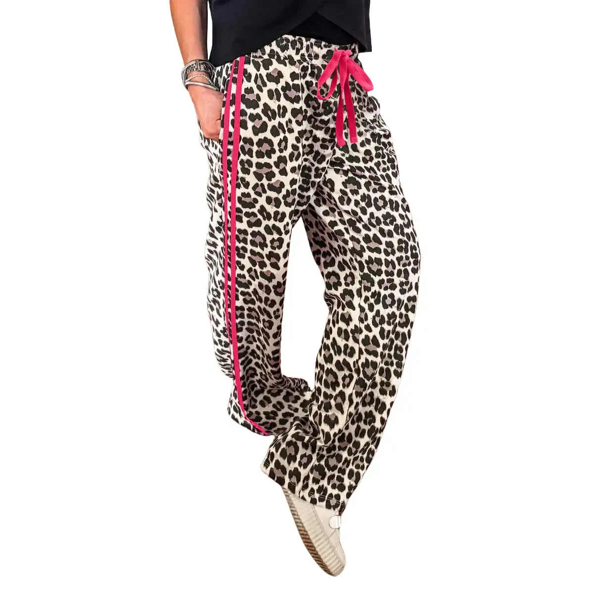 Women's Leopard Print Bold Stripe Wide-Leg Pants - Rose Contrast Stripes, Silky Soft Basic Breathable Elastane Blend Fabric, Adjustable Drawcord Bottom, Pockets, Street Style Vibe Casual Day Wear Fit