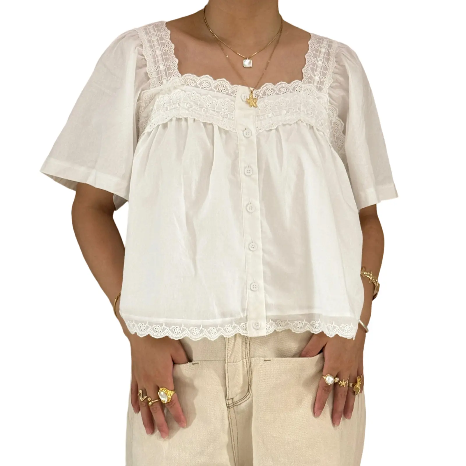 Women Y2k Babydoll Shirt Short Sleeve Square Neck Button Down Lace Trim T-Shirt Loose Crop Top Tee Blouse Party Streetwear