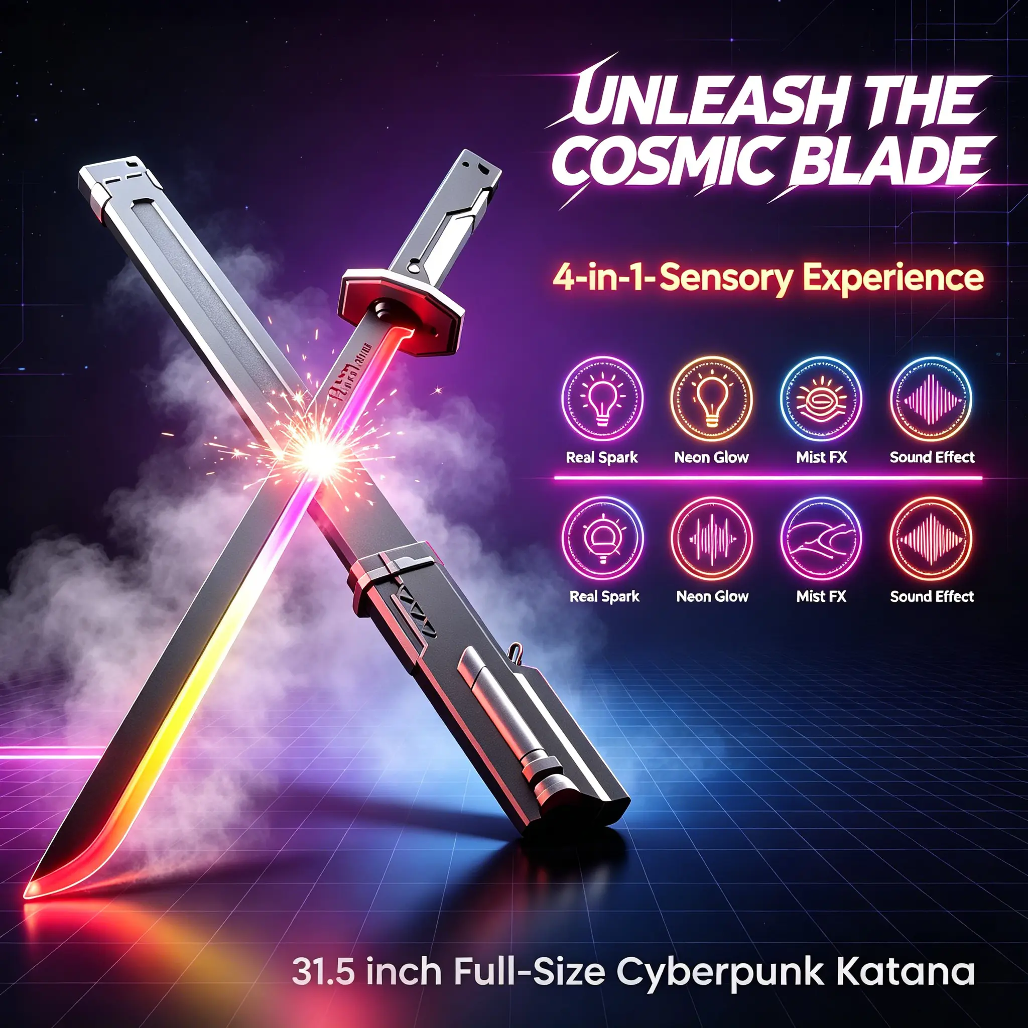 Light Up Sword LED Katana 31.5 inch, 7 Color Neon Glow Cyberpunk Sword with Mist Spray Sound Effect, USB Rechargeable Glowing Toy for Teens Adults Halloween Cosplay Gift