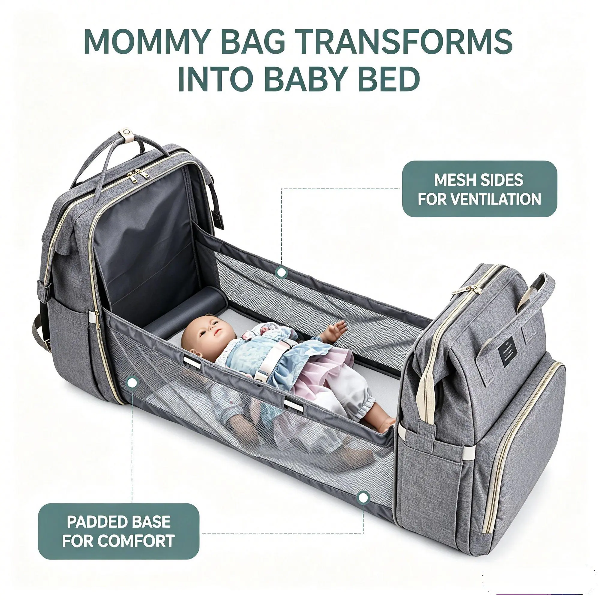 Gray 3-in-1 Parent-Child Diaper Bag Backpack for Moms - Waterproof, Large-Capacity, Multifunctional, Built-in Changing Station & USB Charging Port, Portable Foldable Infant Bed for Camping, Hiking