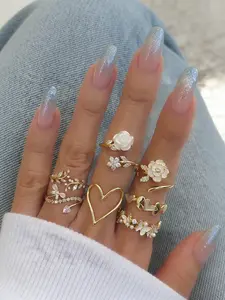 7-Piece Stylish Sweet Women's Gold Ring Set - Rose, Heart Design Ring & Butterfly Diamond-Accented Multi-Piece Stacking Ring Set, Unique Stackable Versatile Jewelry, Perfect for BFF Gifts & Valentine's Day Gifts