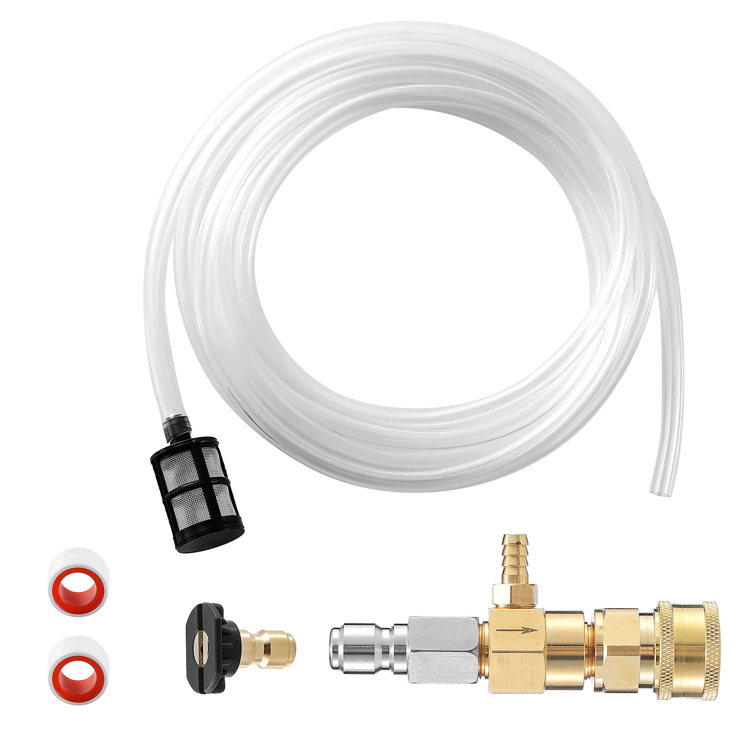 JOEJET Brass Fixed-Type High Pressure Chemical Corrosion-Resistant Downstream Injector Kit for Pressure Washer, Driveways & Walls, 3/8-In Quick-Connect Fitting, 10 Ft Backflow Stop Siphon Hose, Water Hose Fast-Connect Adapter, 3/8" Qc Fast Swap
