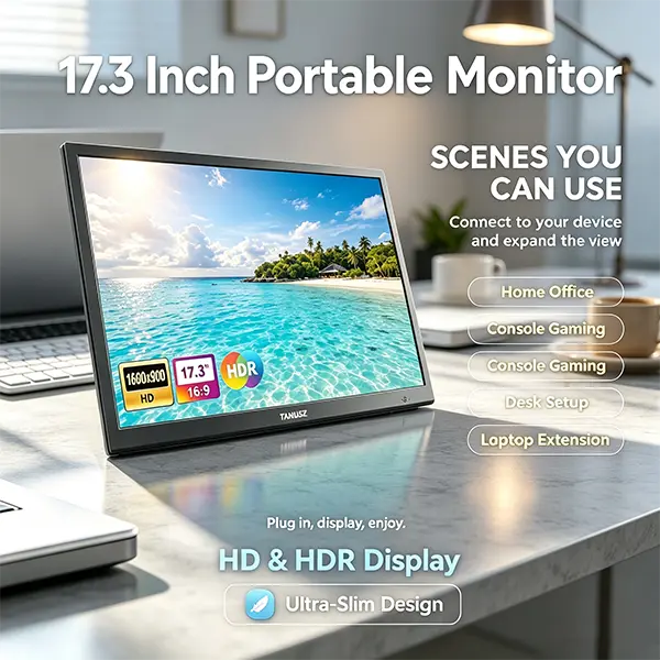 TANUSZ 17.3 Inch 1600x900 Portable HD IPS Monitor, External Second Screen for Laptop & Game Consoles