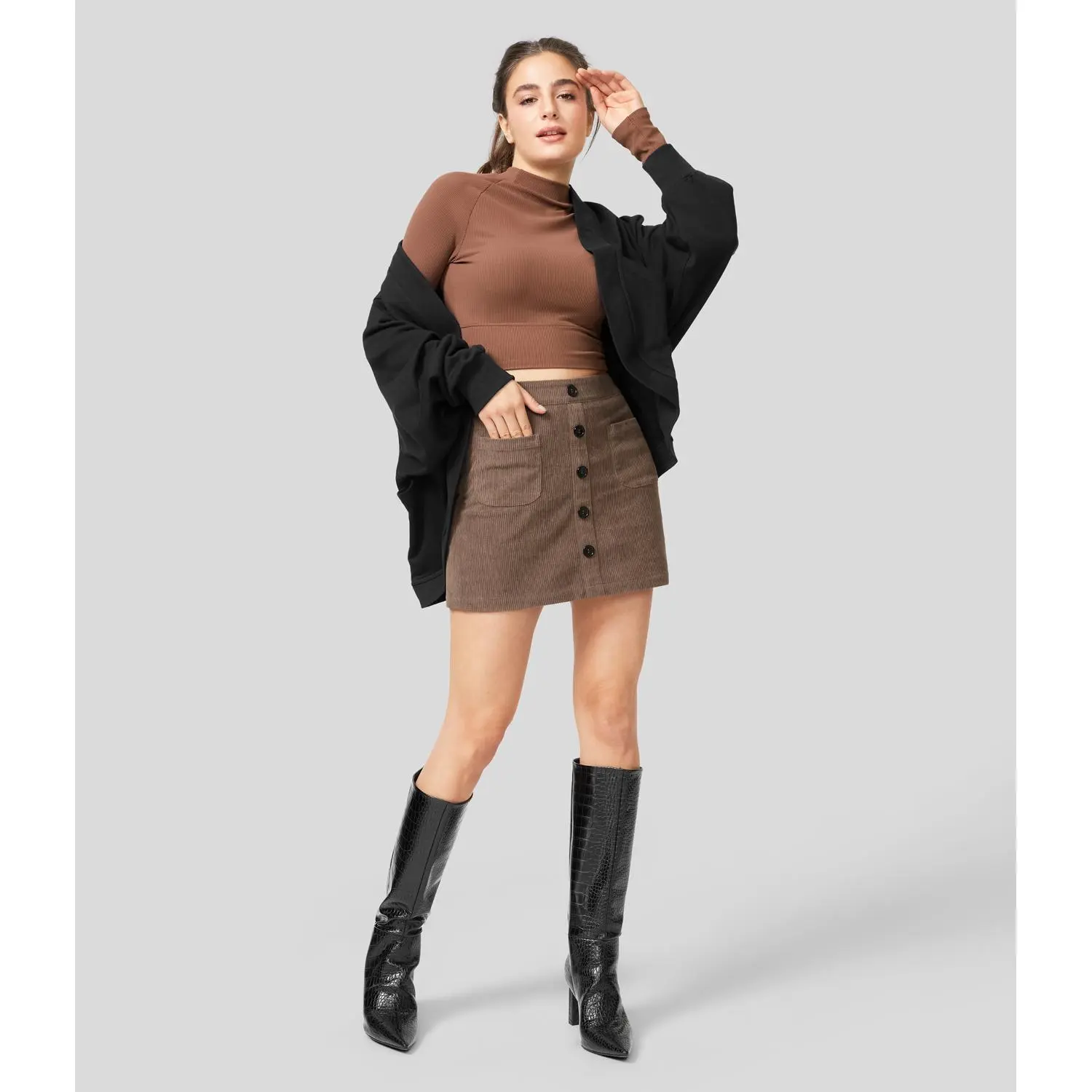 Halara High Waisted Button Front Side Pocket Zipper 2-in-1 Corduroy Mini Casual Skirt #BackToSchool