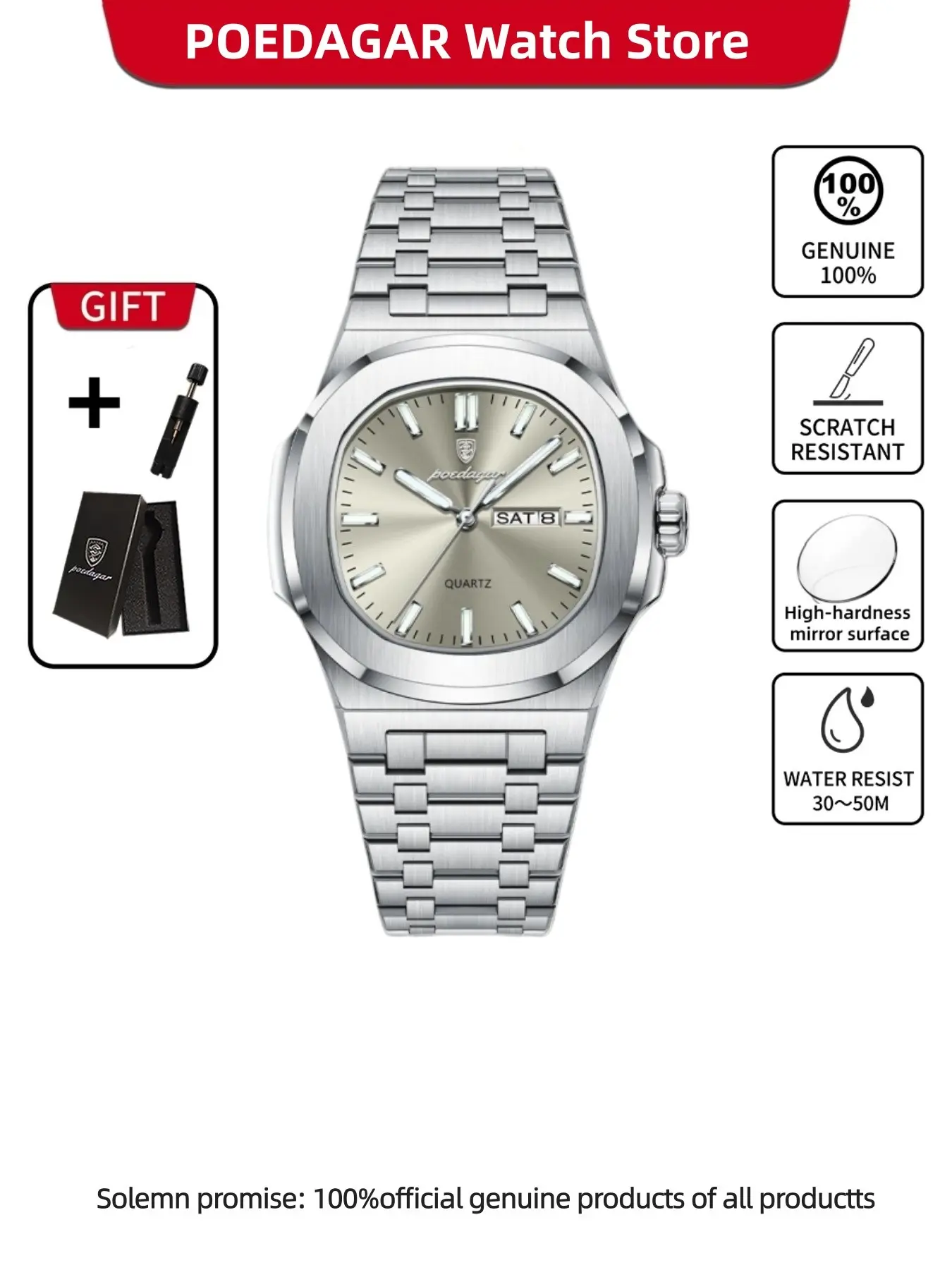 POEDAGAR men's luxury watch elegant and fashionable wristwatch business fashion watch date week waterproof men's watch Quartz Analog Watch high-end sports men's watch is the first choice for giving boyfriends birthday gifts