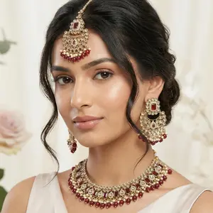 Divya Premium Polki and Monalisa Stone Necklace Set - 3-Piece Necklace, Earrings & Maang Tikka Set for Weddings & Festive Occasions