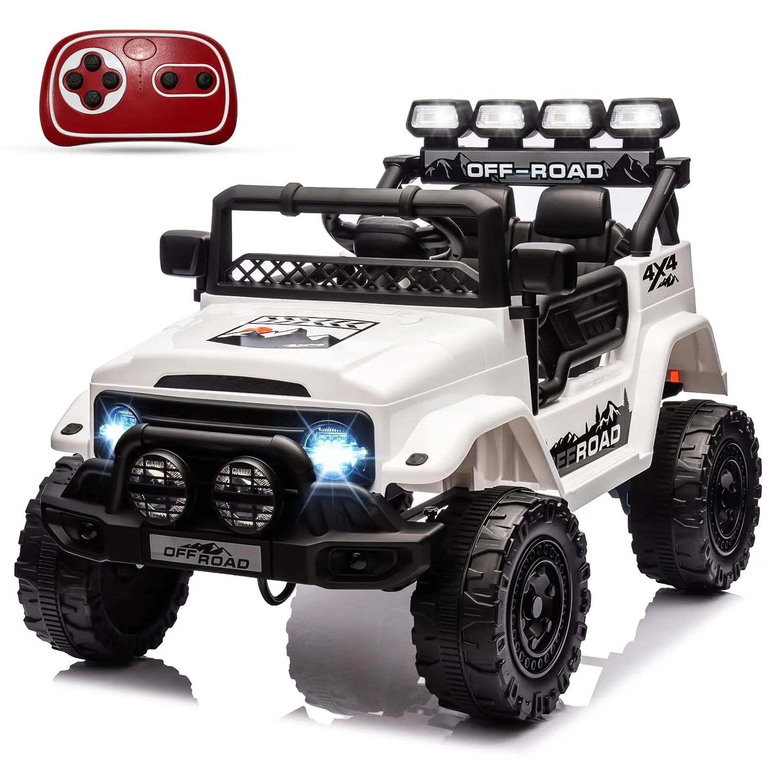 GARVEE 12V Ride On 4 Wheeler Truck Car with 5MPH Max Speed, Remote Control, Accelerator Pedal, Treaded Tires, Steering Wheel, Audio System, White - Suitable for Big Users