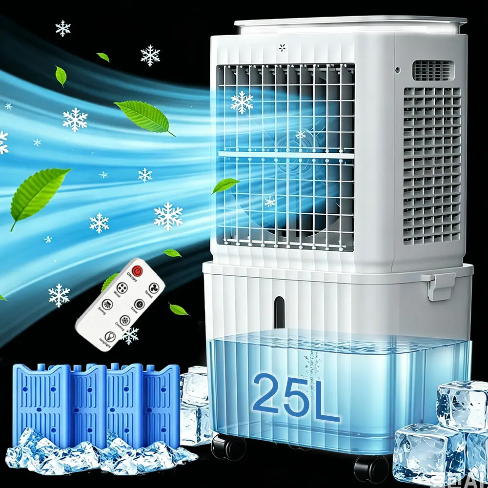SPZTJK 25 Litre Portable Evaporative Air Cooler, 3-in-1 Cooling Fan with Remote Control & 12H Timer. Energy-Efficient Ice Mist Cooler with 3 Speeds & 360° Wheels for Home, Bedroom and Office