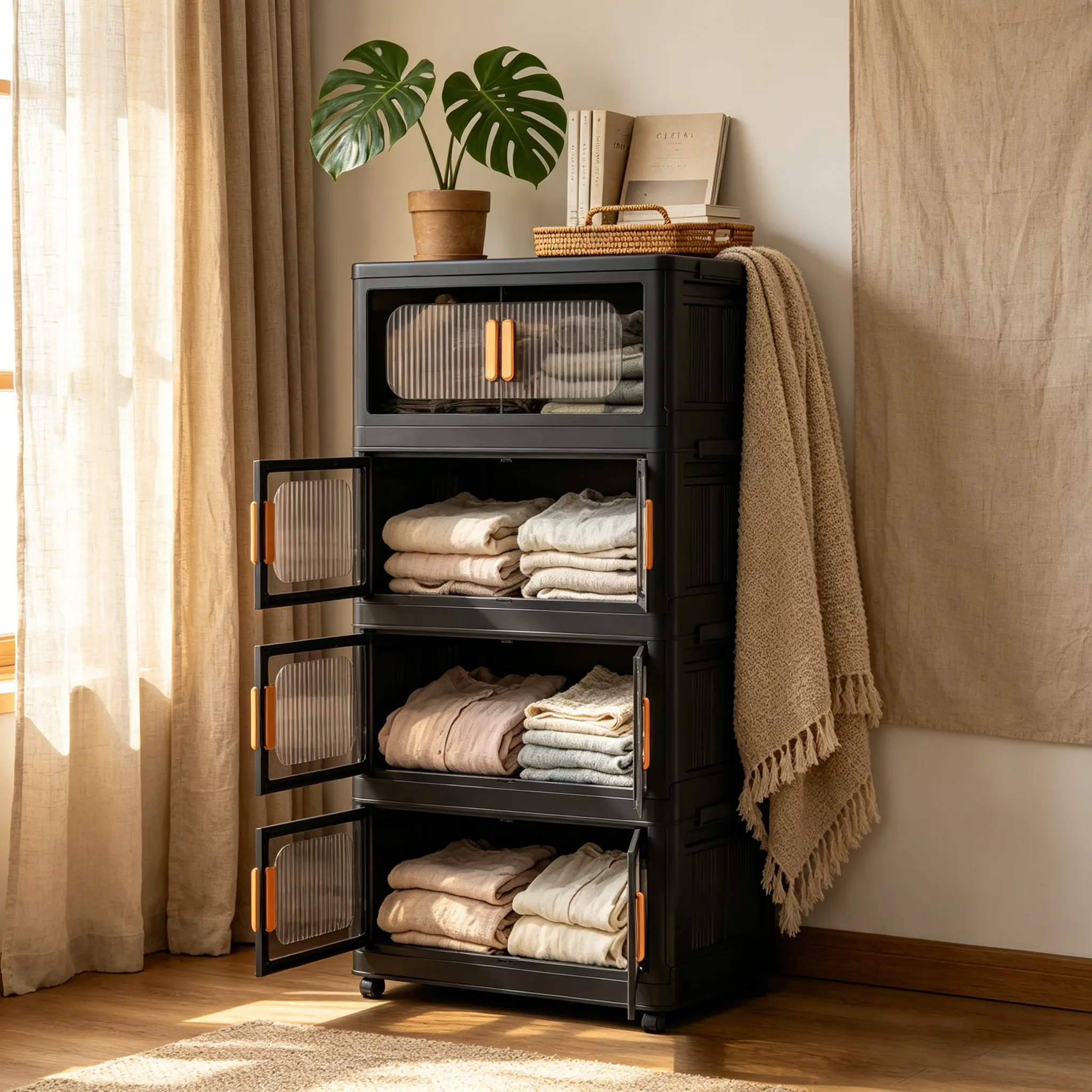 Plastic Multi-Layer Storage Cabinet - Tool-Free No-Assembly Foldable, Lockable Wheels Stay Put, Left-Right Magnetic Door Hold, Transparent Lid & Top Dust Cover, Ideal for Kitchen Pantry Storage Organization, Transparent Doors Show Items