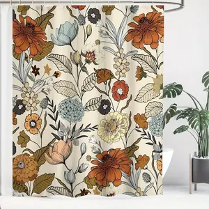 Floral Print Removable Shower Curtain with 12 Hooks, Flower Shower Curtain, Waterproof Bathroom Curtain, Bathroom Decor Supplies Home Goods for Home Hotel Salon Dormitory