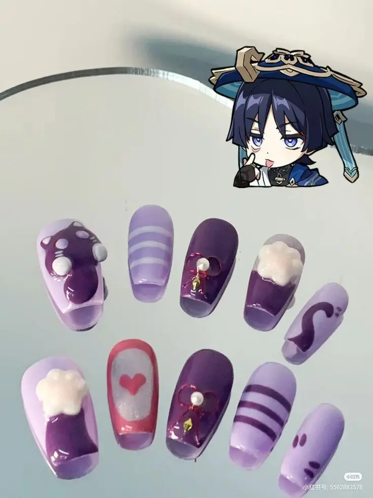 Handmade Scaramouche Wanderer Genshin Impact Press On Nails, Purple Lavender 3D Cat Ear Hat Ribbon Charms, Anime False Nails, Kawaii Character Nail Art | Gift Set (Adhesive Tabs, Nail File, Cuticle Stick)