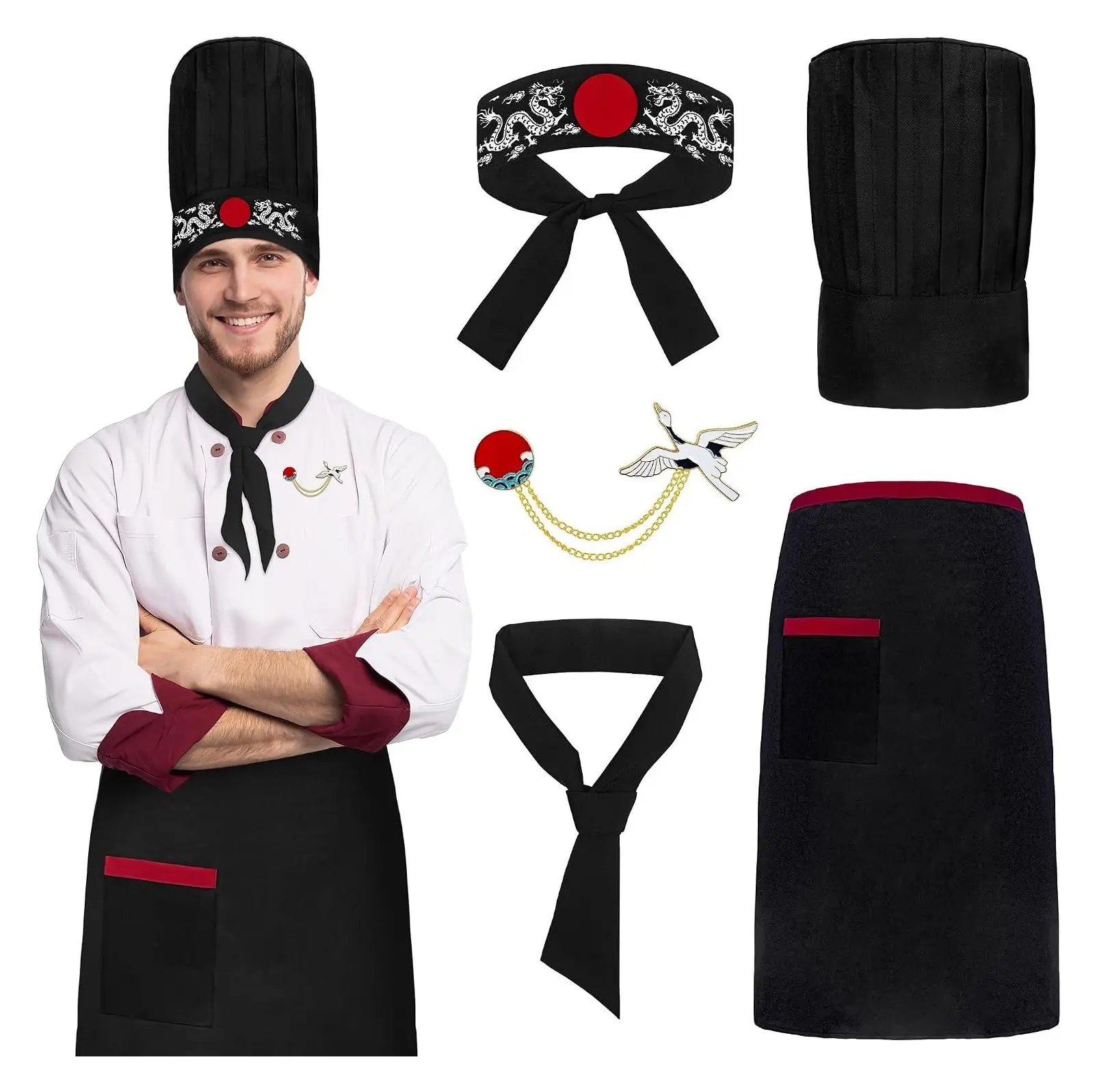 Hibachi Chef Hat and Apron Set, Sushi Chef Uniform Costume with Hat for Men Women, Japanese BBQ Cuisine Birthday Party Decor AccessoriesGift