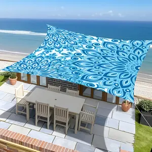 1Pc Sea Blue Mandala Pattern Outdoor Sunshade Canopy, Fade-resistant, High-strength Polyester, Sturdy and Durable, Comes with Fixing Ropes, Outdoor Sunshade Decoration, Suitable for Outdoors, Garden, Camping, Beach,