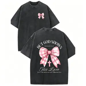 Men's & Heavyweight 230G Cotton T-Shirt - Retro Pink Bow & Cross Religious Graphic Tee, Soft Round Neck Short Sleeve Shirt Suitable for Outdoor Sports, Casual Wear, Machine Washable Gift, Vintage Streetwear Durable Top